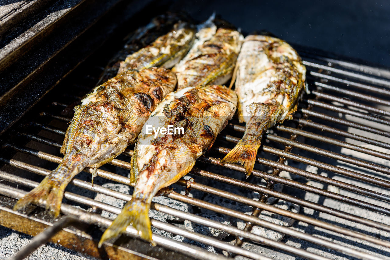 HIGH ANGLE VIEW OF MEAT ON BARBECUE