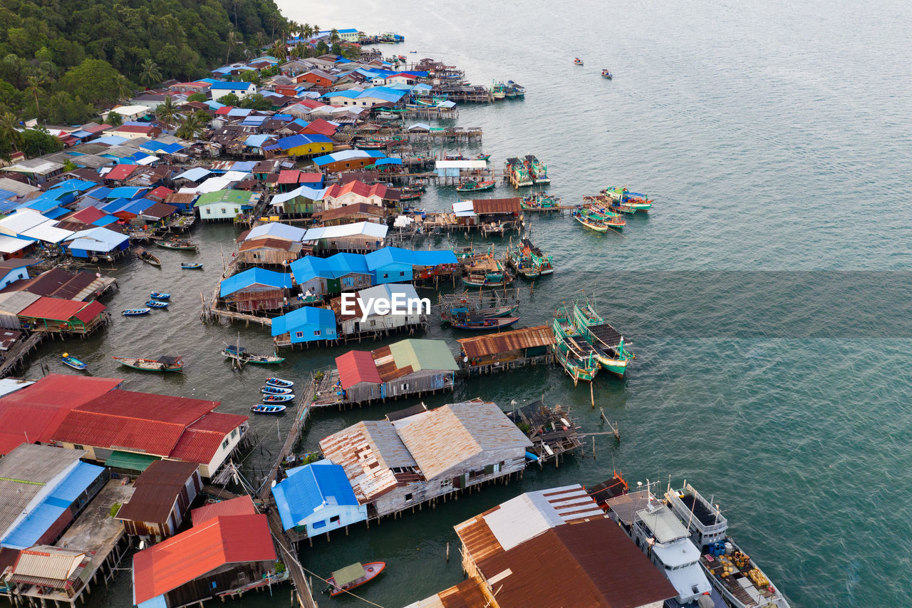 High angle view of ship moored at harbor