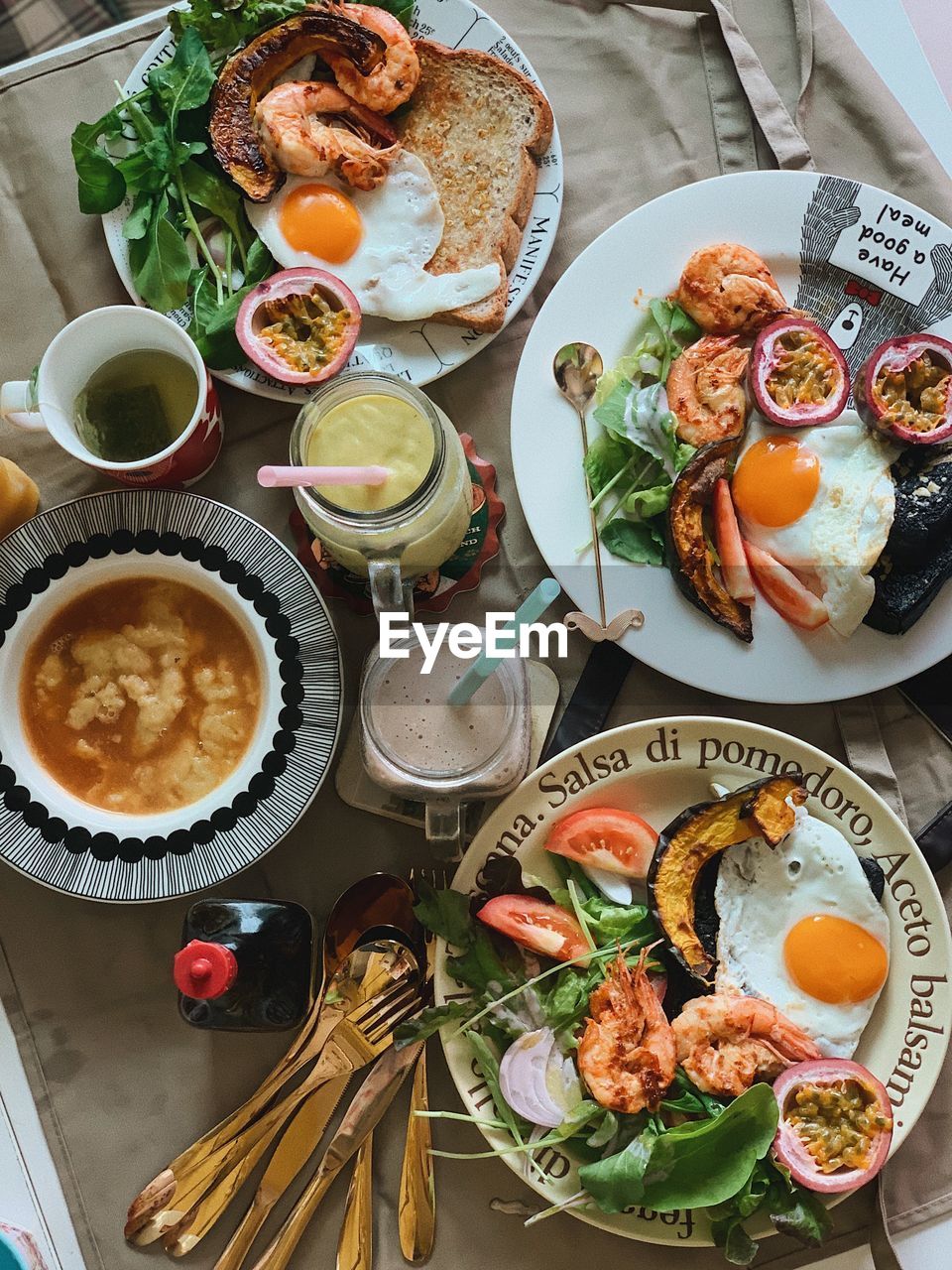 High angle view of breakfast served on table