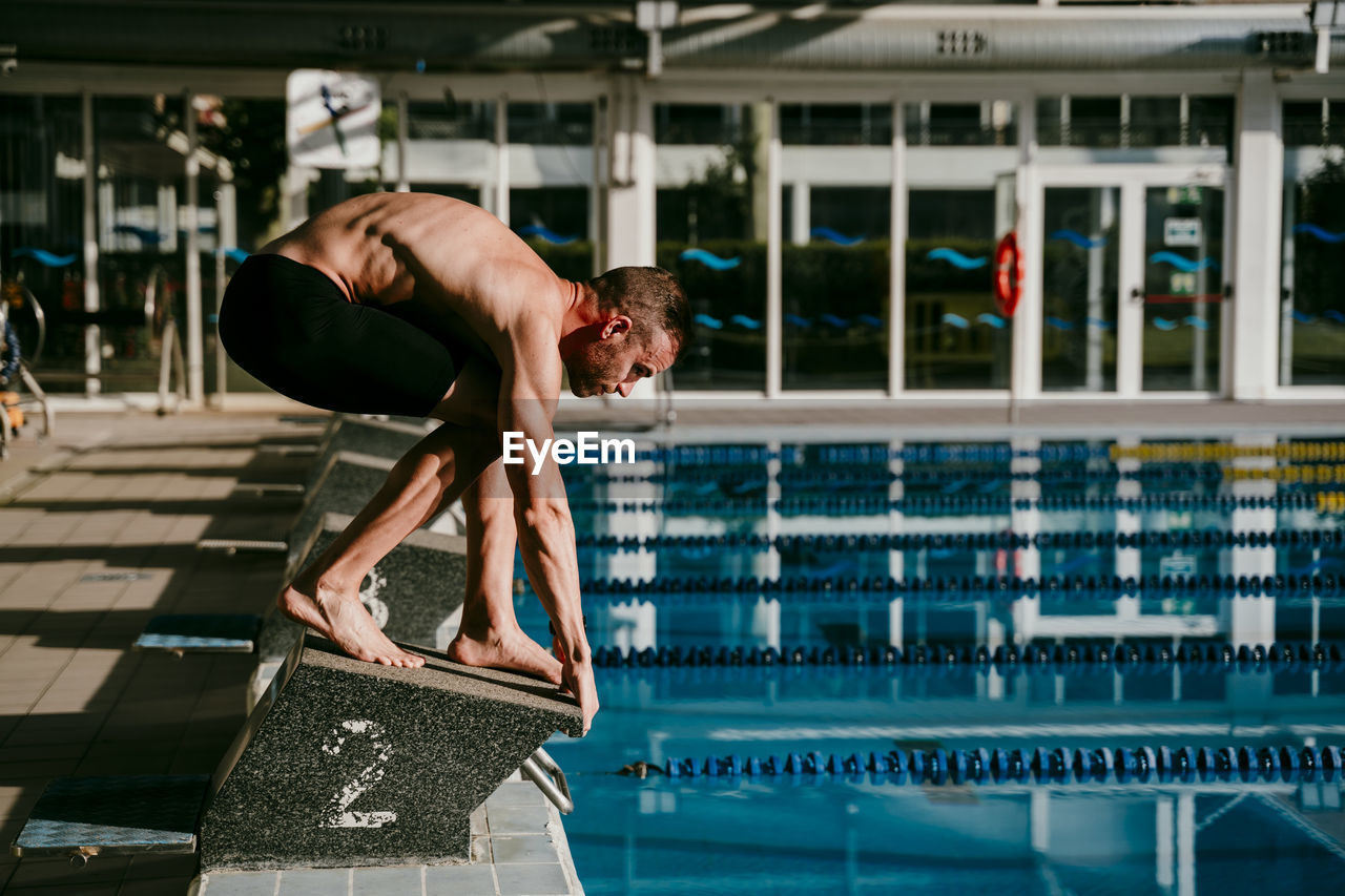 Professional male swimmer preparing to jump in swimming pool on sunny day