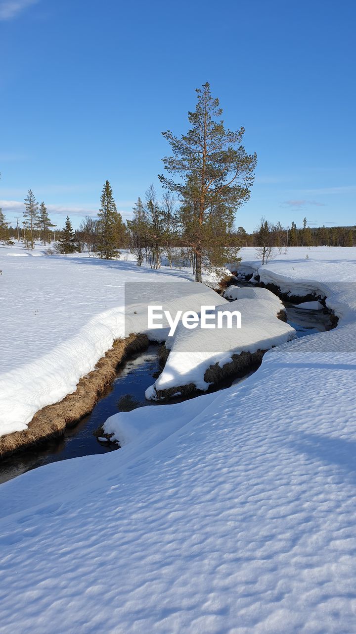 SNOW ON FIELD AGAINST CLEAR BLUE SKY