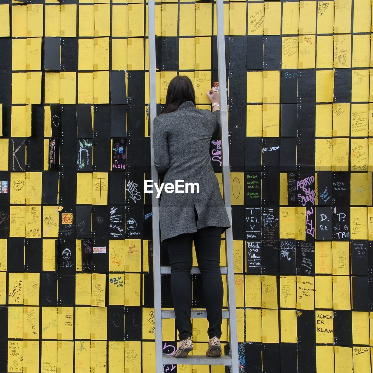 Rear view of woman writing on wall while standing over ladder