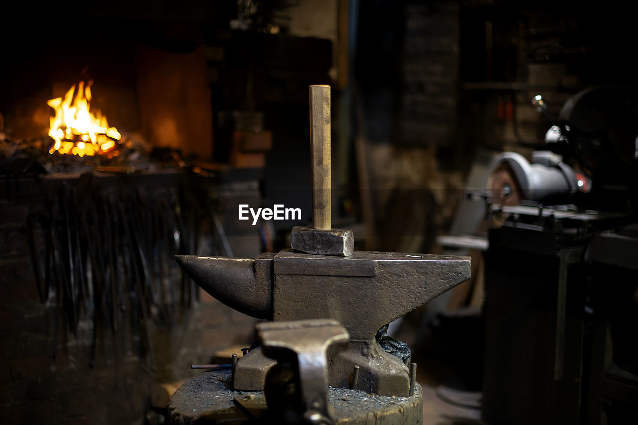 Close-up of hammer at blacksmith forge