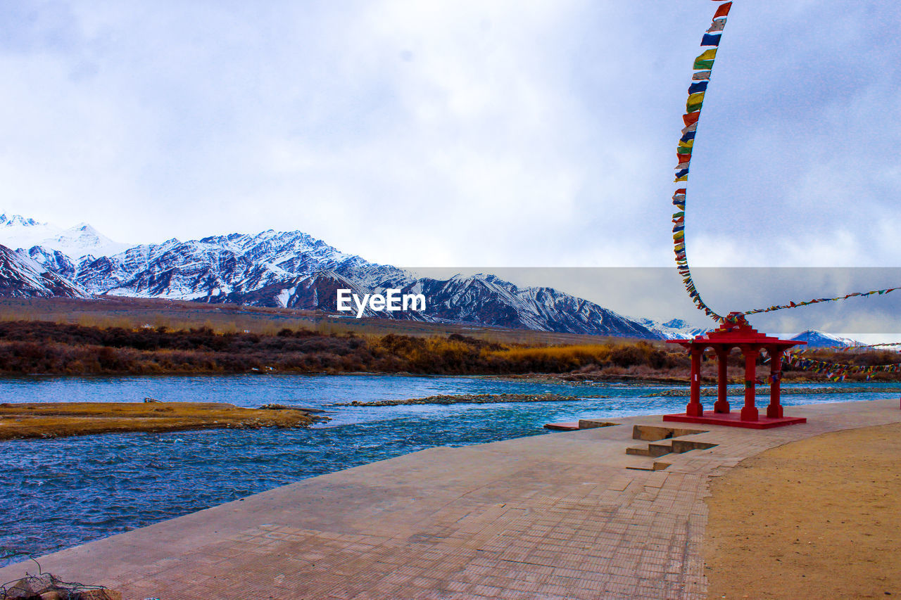 Scenic view of lake against cloudy sky