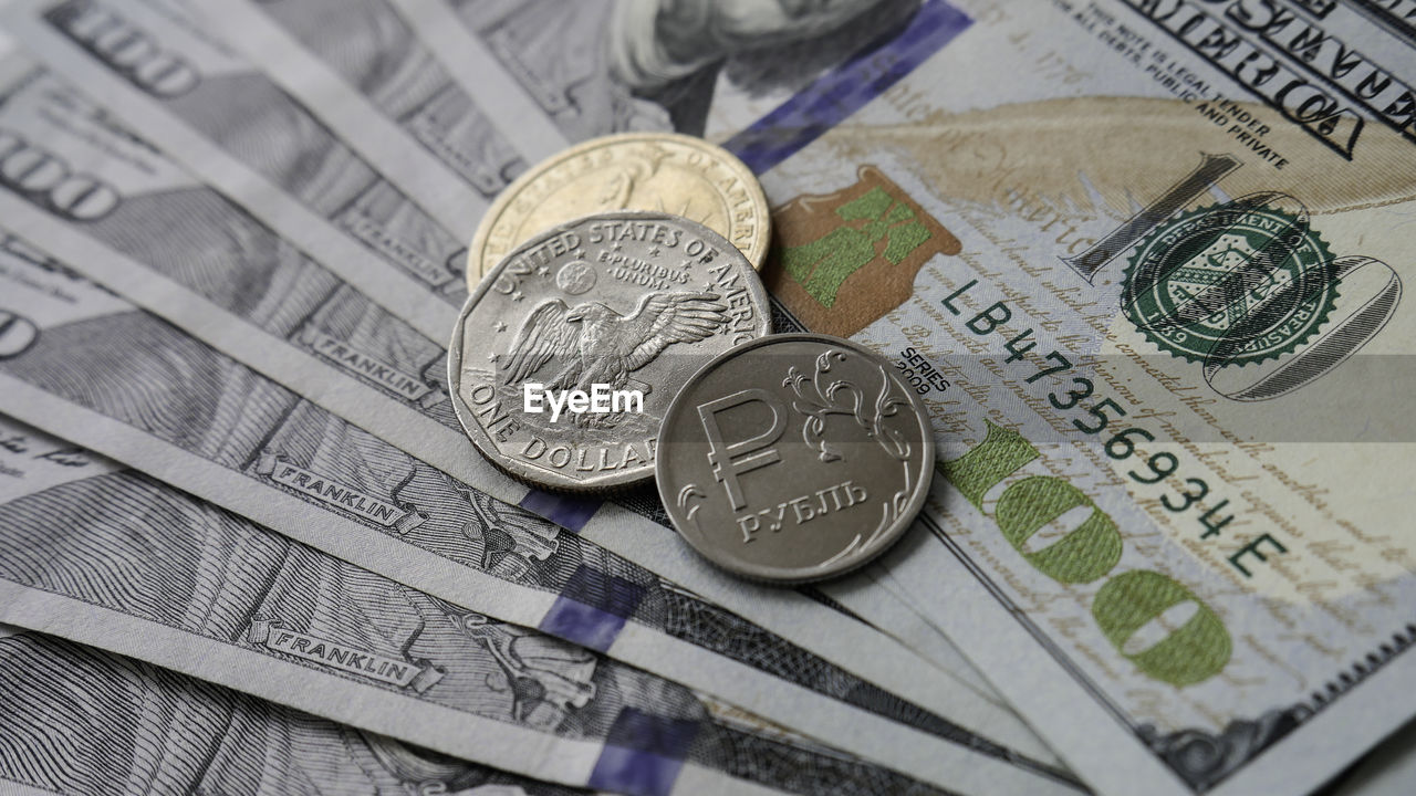 Close-up of coins on paper currency