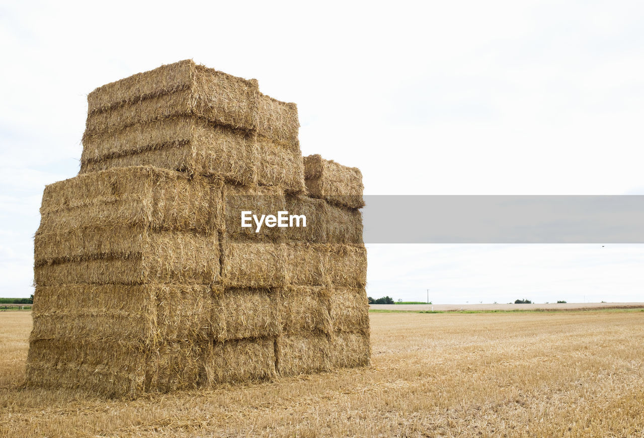 Hay bales on field against sky