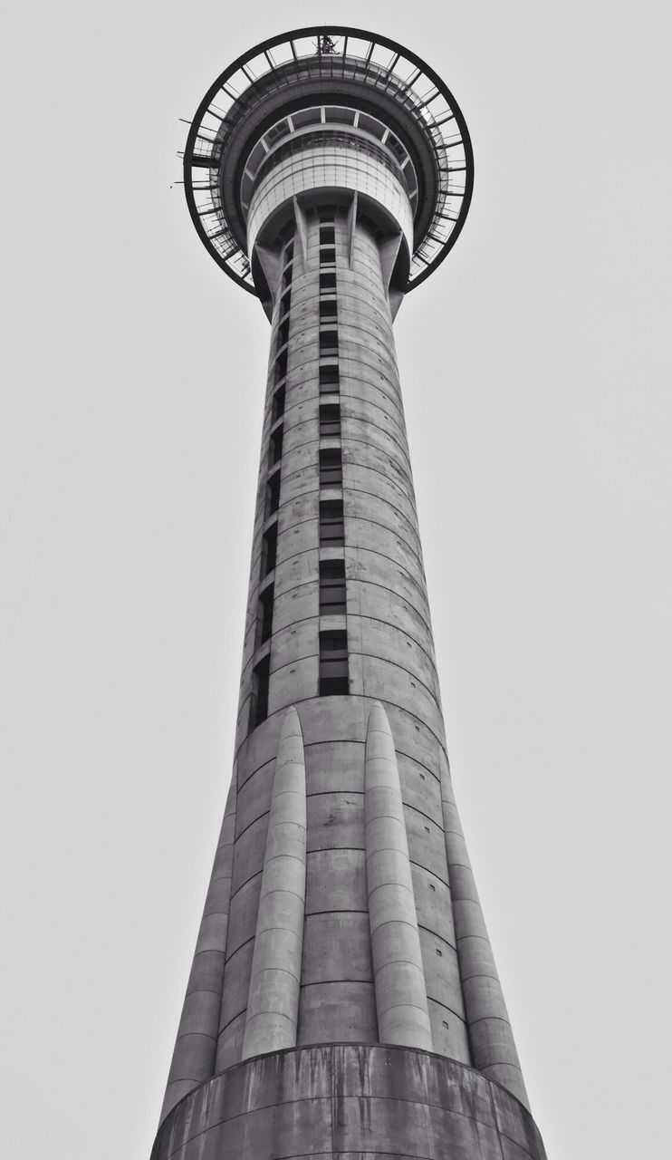 Exterior of communication tower against clear sky