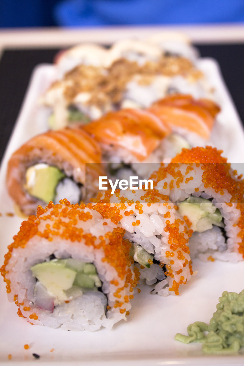 Close-up of sushi served in plate