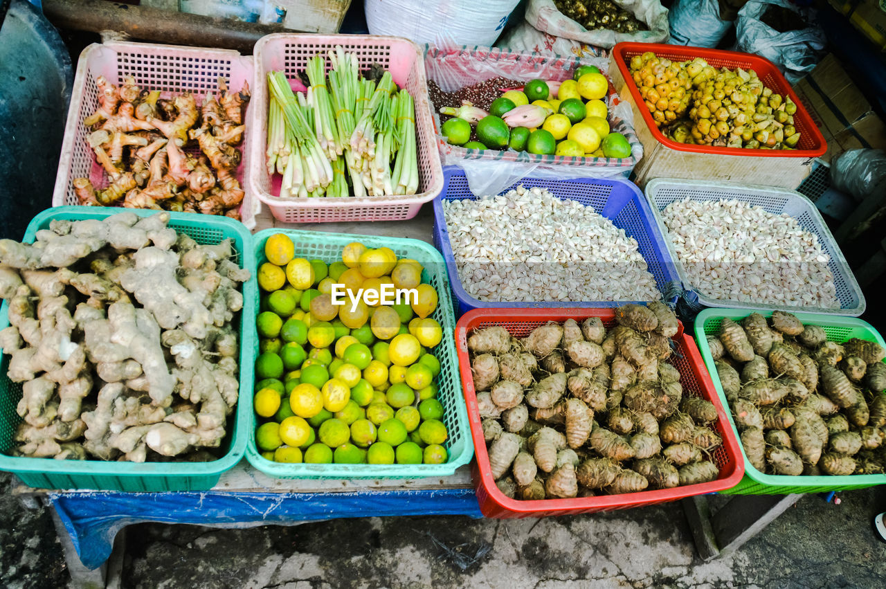 High angle view of fruits and vegetables for sale at a street market stall