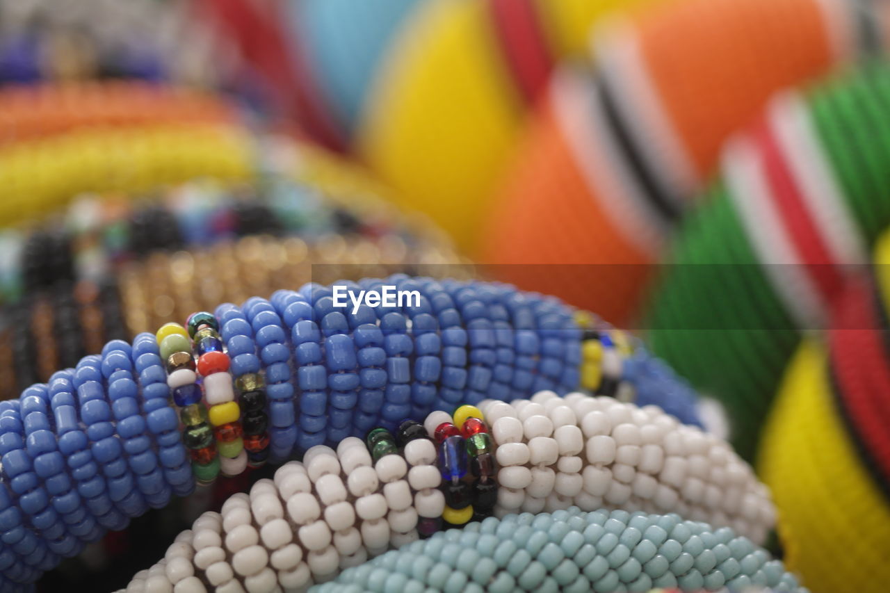 Close-up of colorful bracelets at market