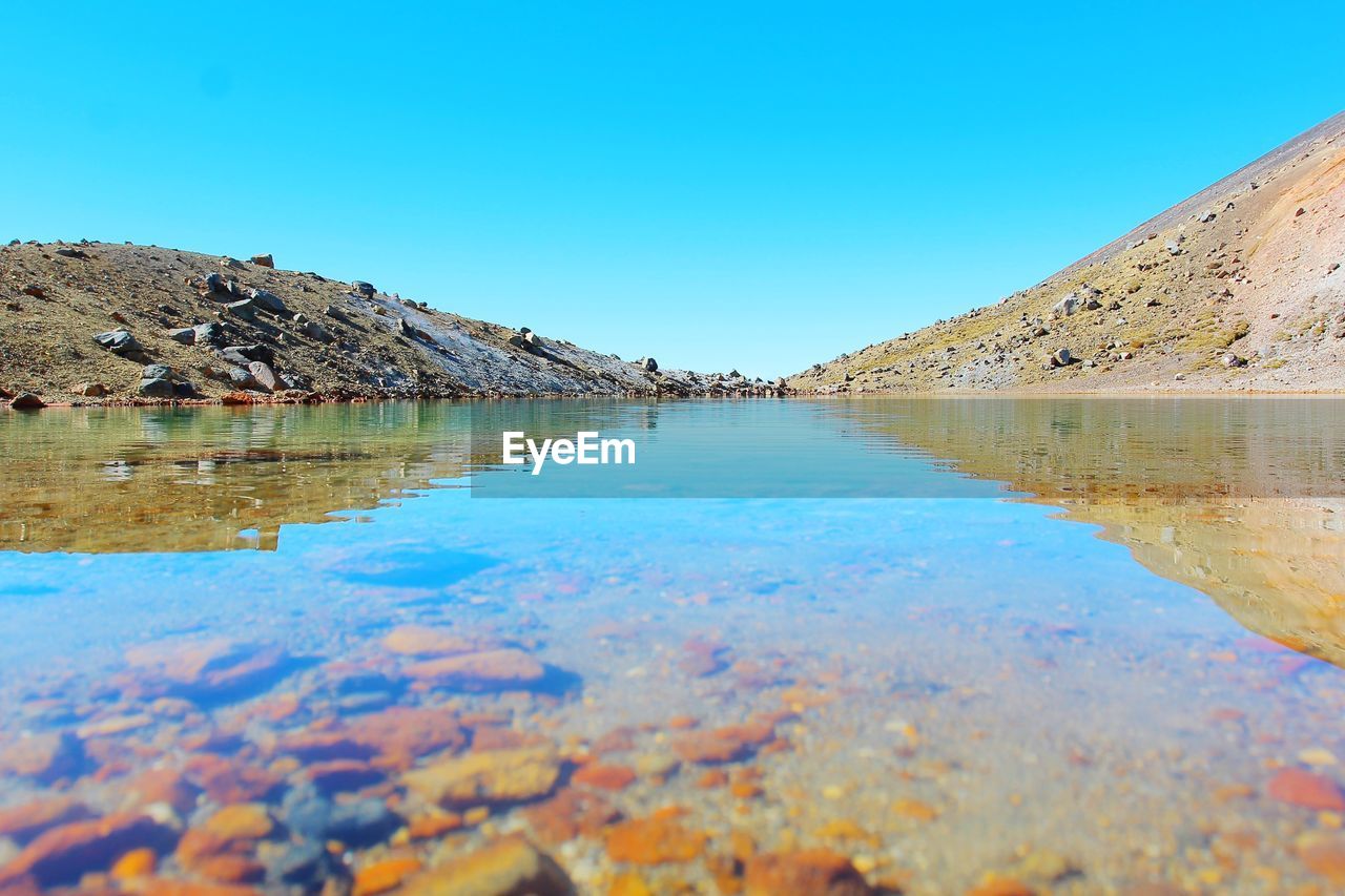 Scenic view of lake against clear blue sky