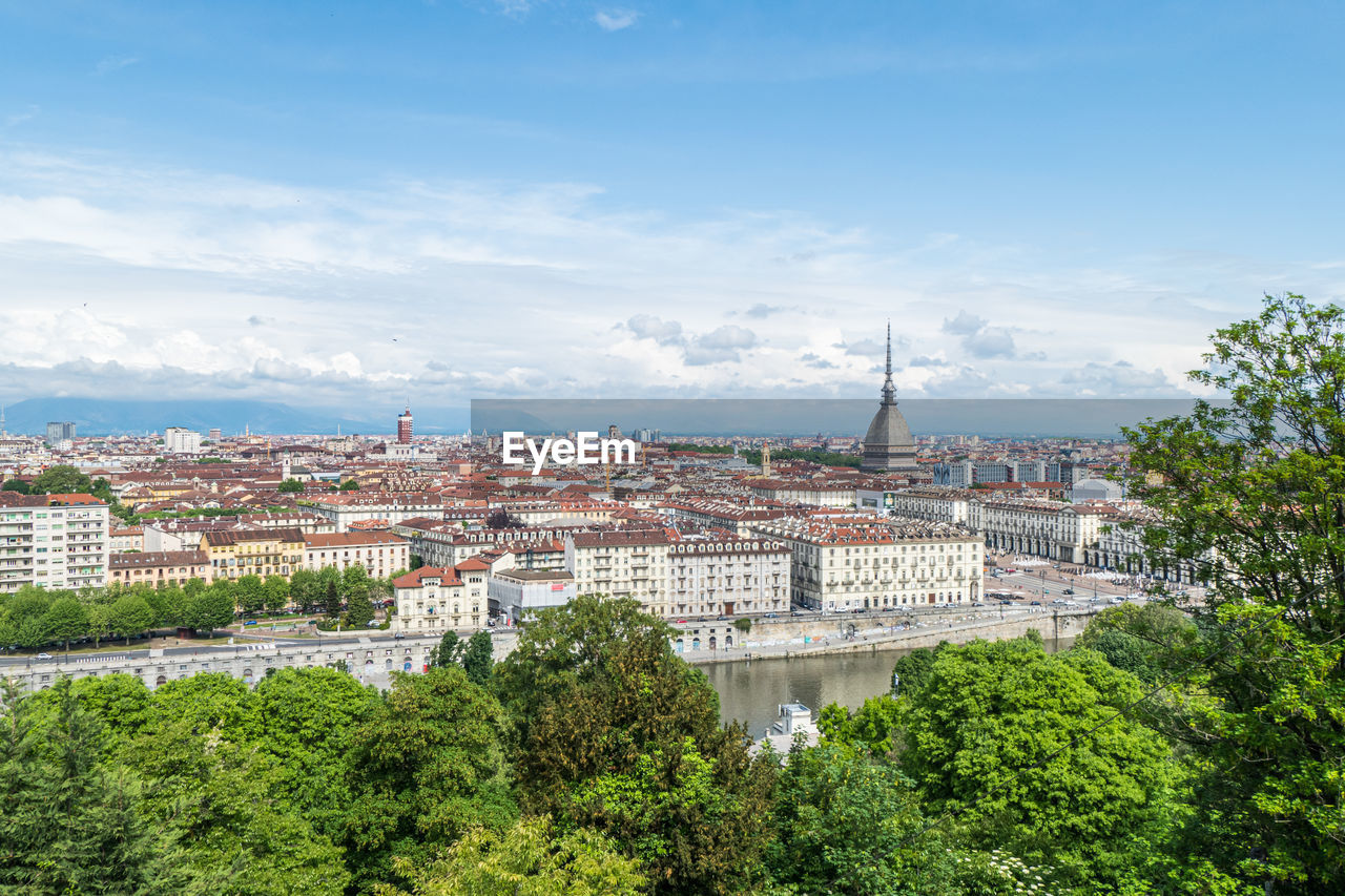 Aerial view of the skyline of turin with the mole antonelliana