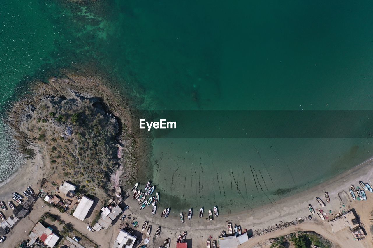 High angle view  on beach, boat, fishing boat