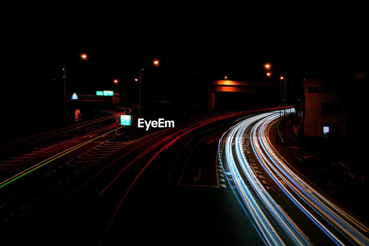 Light trails on road at night