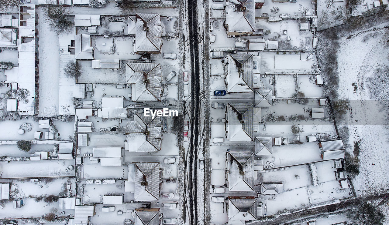 Aerial photo of drone footage of ipswich following heavy snowfall from storm darcy in february 2021