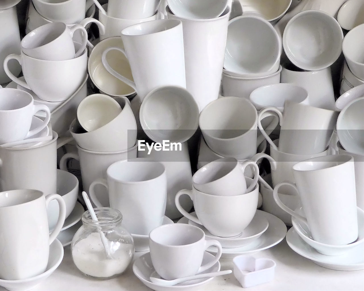 High angle view of white coffee cup collection 