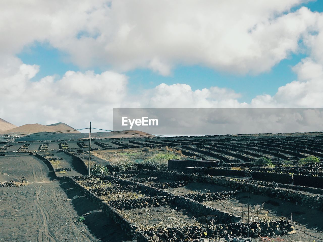 Aerial view of agricultural field against sky