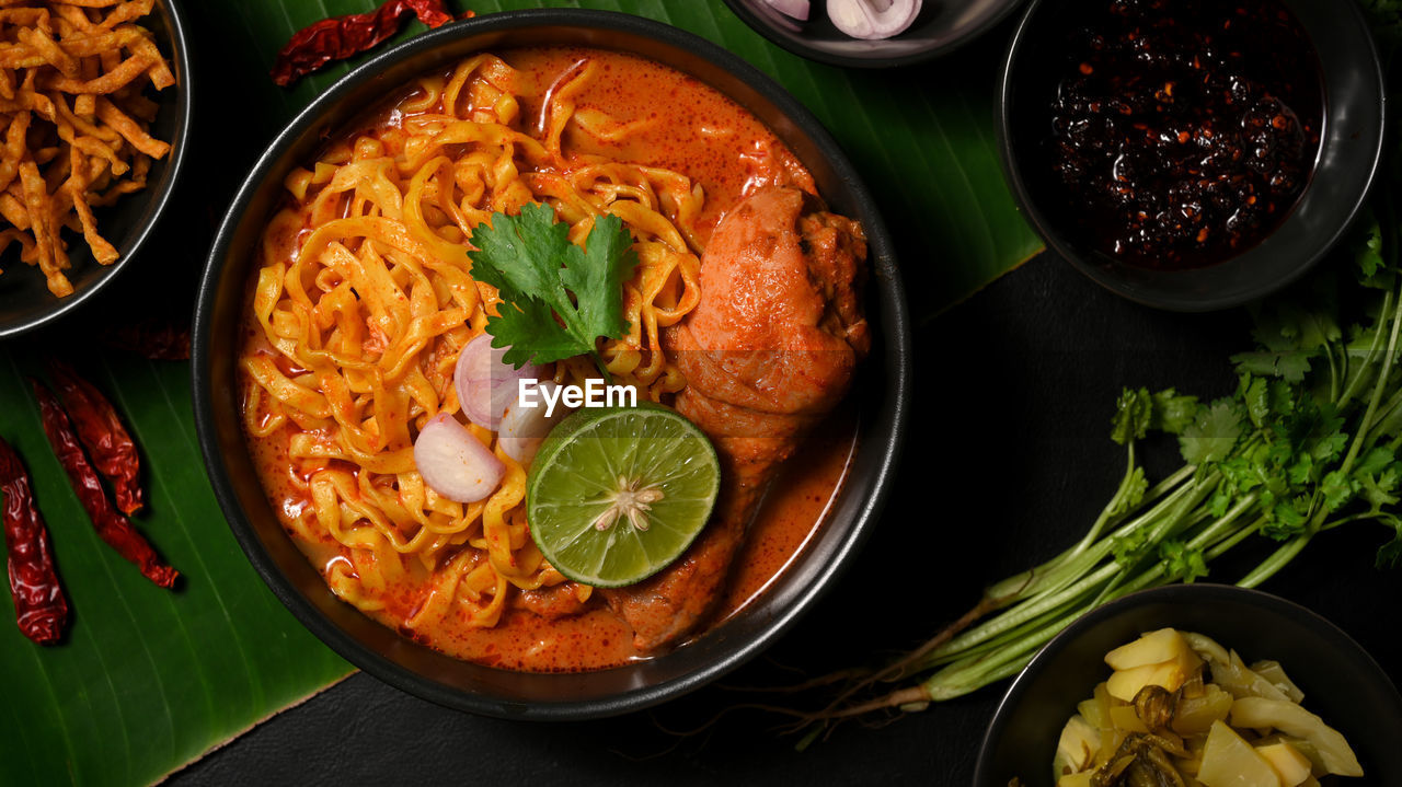 high angle view of food in bowl on table