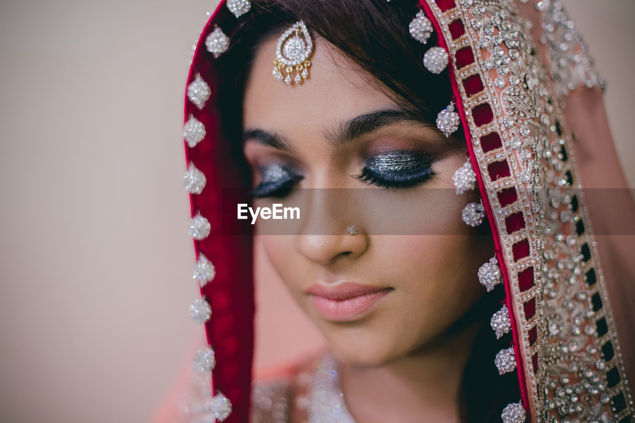 Close-up of beautiful woman wearing sari