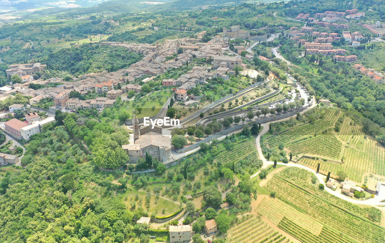 Aerial view of the vineyards of montalcino on the hills in the province of siena