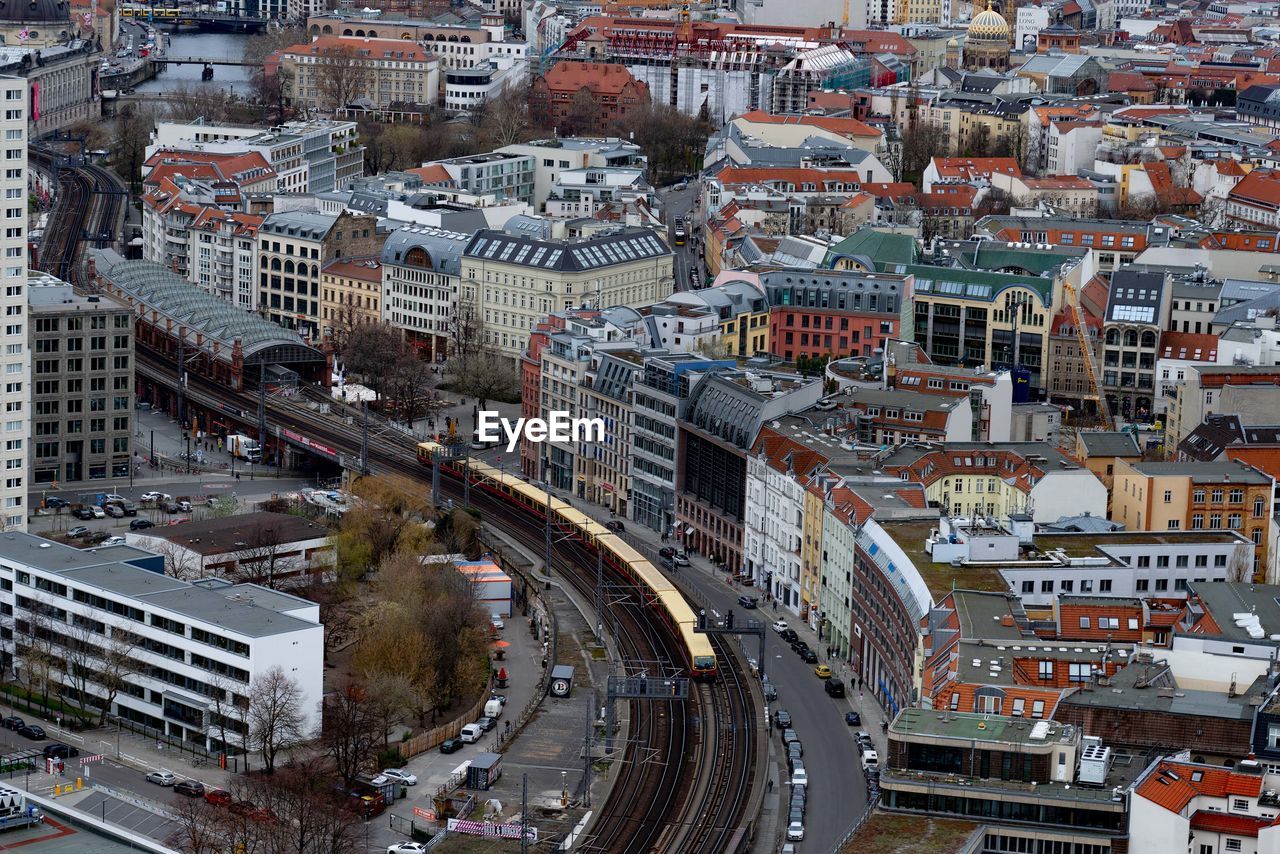 High angle view of street amidst buildings in city