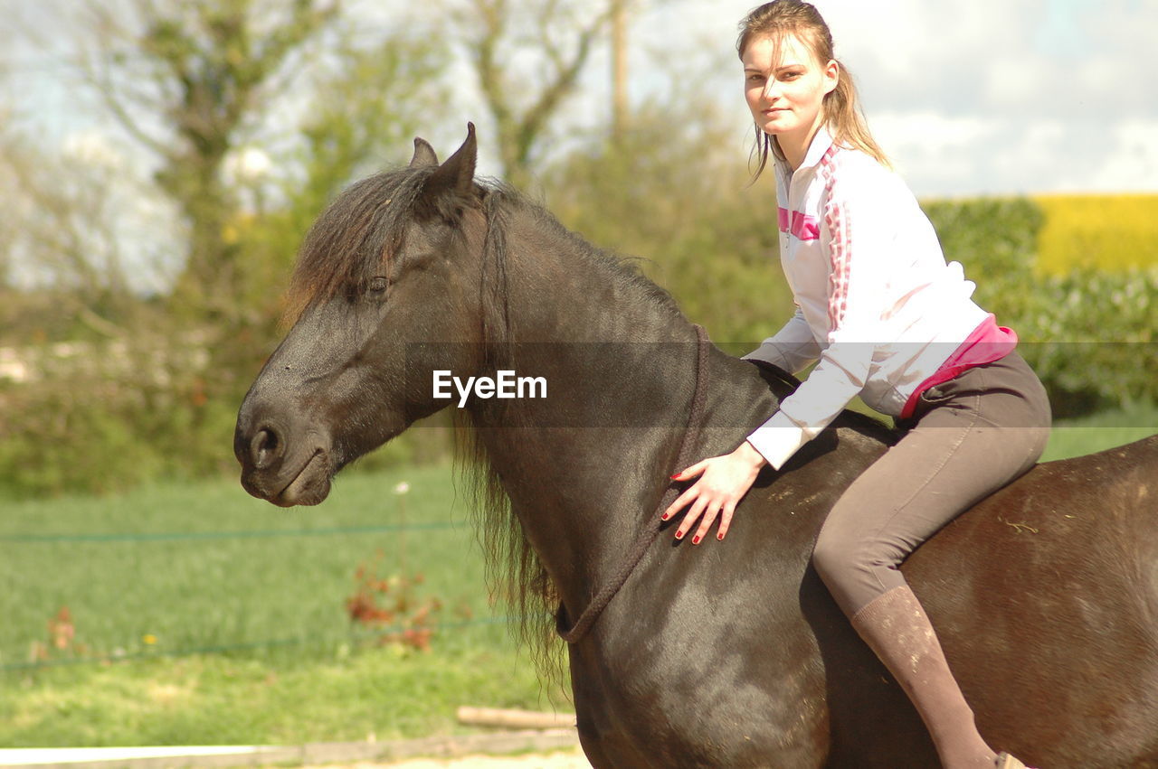 horse, animal, animal themes, mammal, domestic animals, women, livestock, pet, stallion, animal wildlife, one animal, one person, adult, mare, smiling, female, happiness, young adult, emotion, nature, mustang horse, equestrian sport, grass, riding, positive emotion, activity, lifestyles, plant, leisure activity, mane, field, sitting, outdoors, rural scene, portrait, land, day, child, animal sports, horseback riding, hairstyle, casual clothing, childhood, landscape, halter, working animal, side view, cheerful, brown, love, plain, clothing, full length, animal body part, farm, long hair, stroking