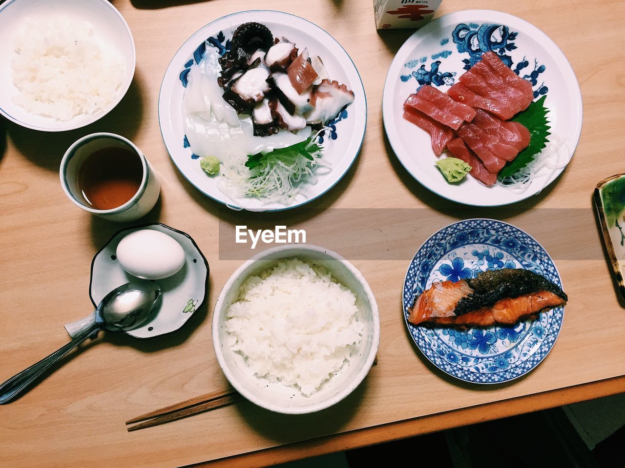 High angle view of seafood with rice on table
