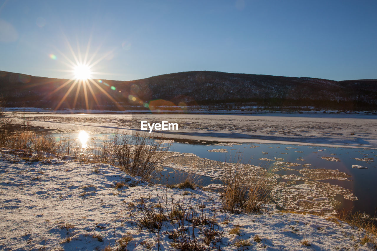 Scenic view of snow covered landscape against sky
