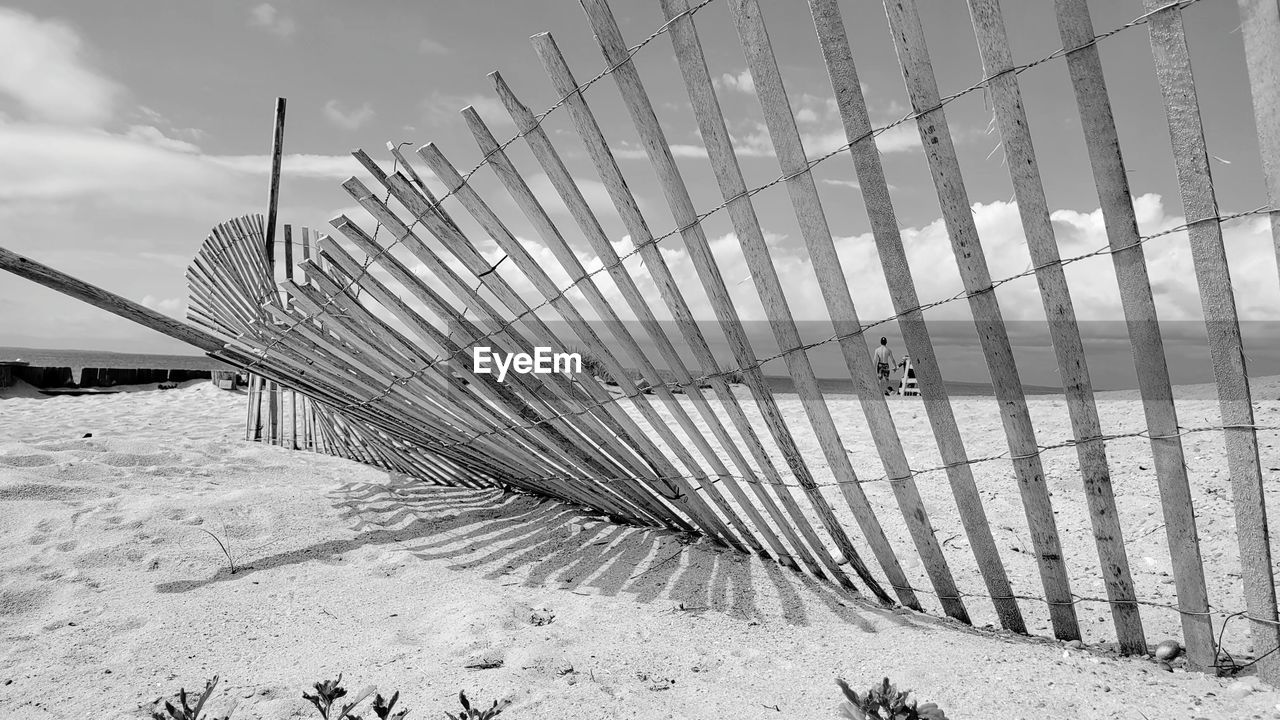 Low angle view of fence against sky