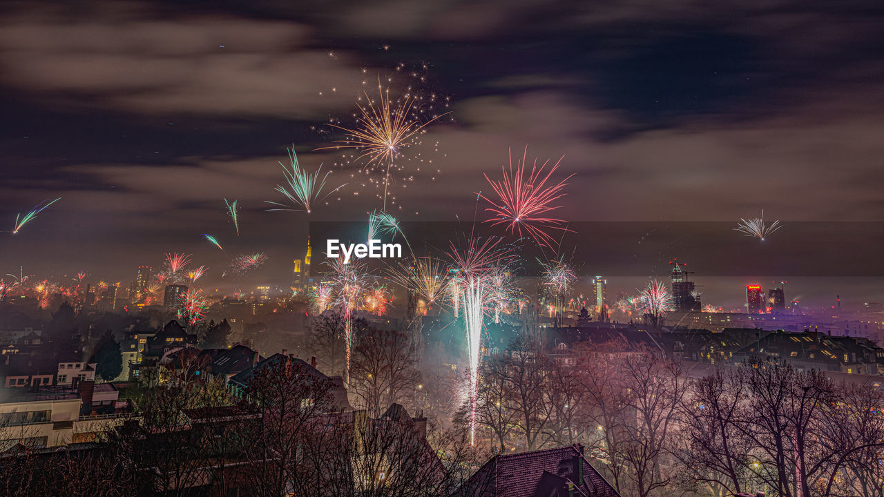 The frankfurt skyline with firework at new years eve