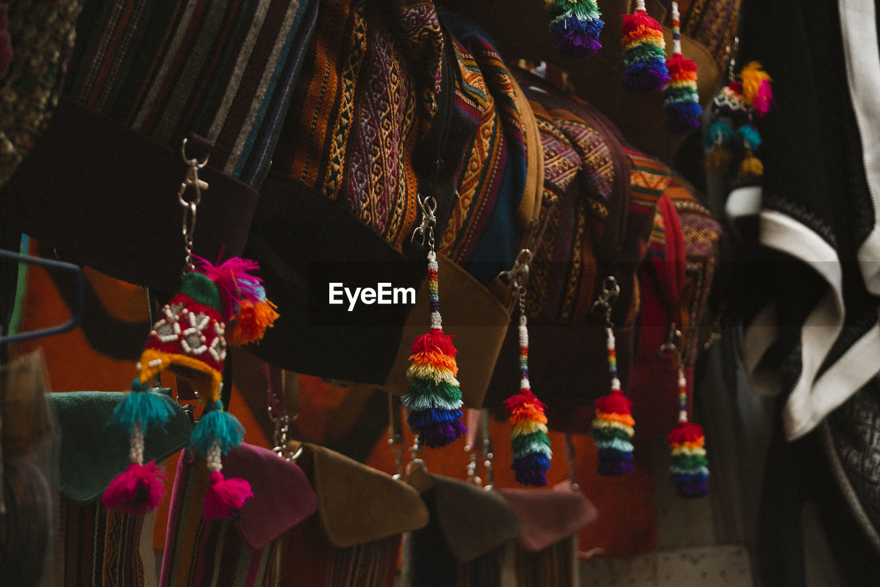 Close-up of bags for sale at market stall