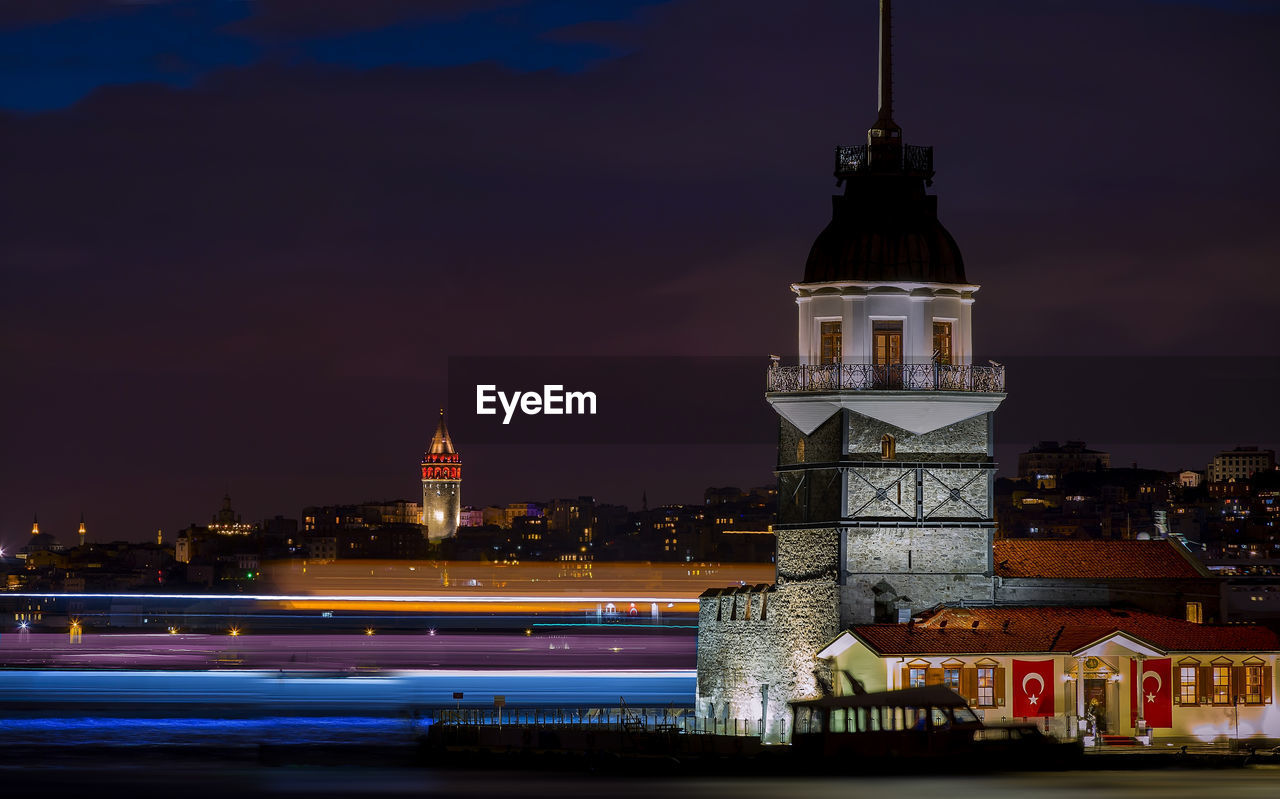 Illuminated towers at night