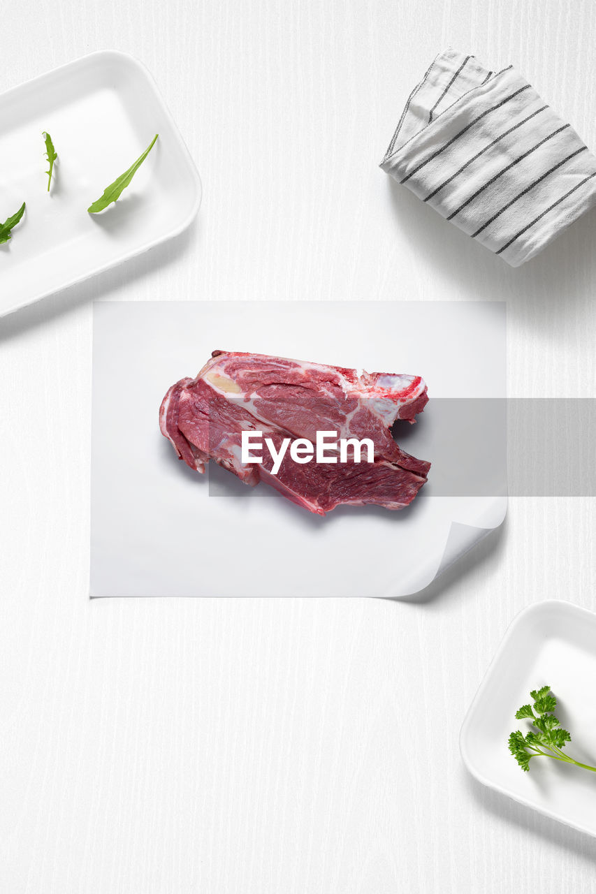 food and drink, food, meat, indoors, freshness, red meat, studio shot, no people, vegetable, raw food, plate, healthy eating, steak, beef, white background, fork
