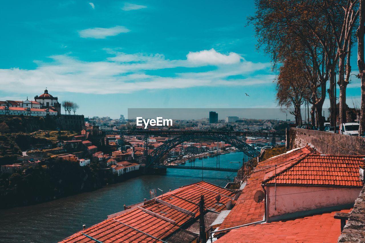 Bridge over river with buildings in background