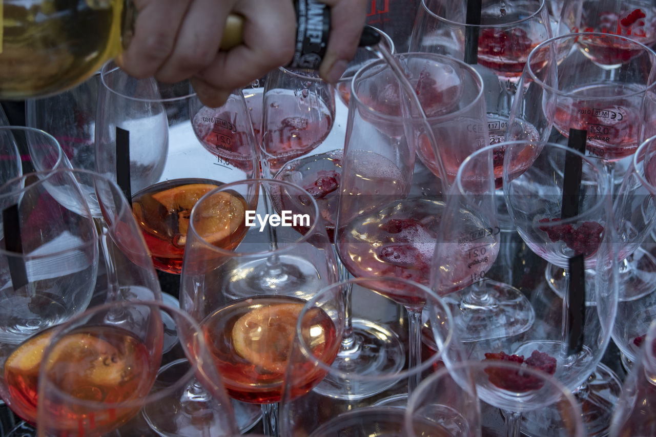 Close-up of wine glasses on table