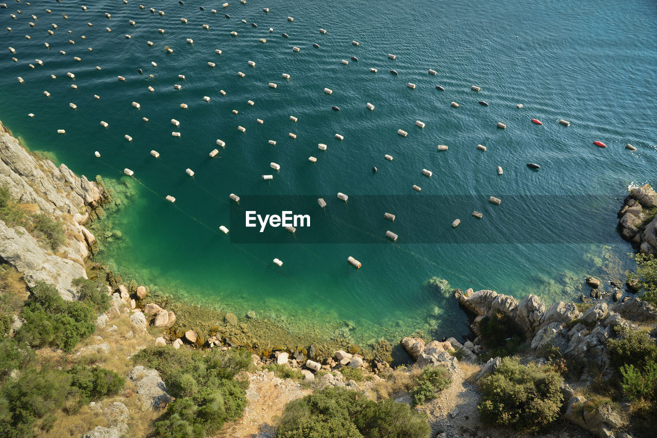 High angle view of buoys floating in sea