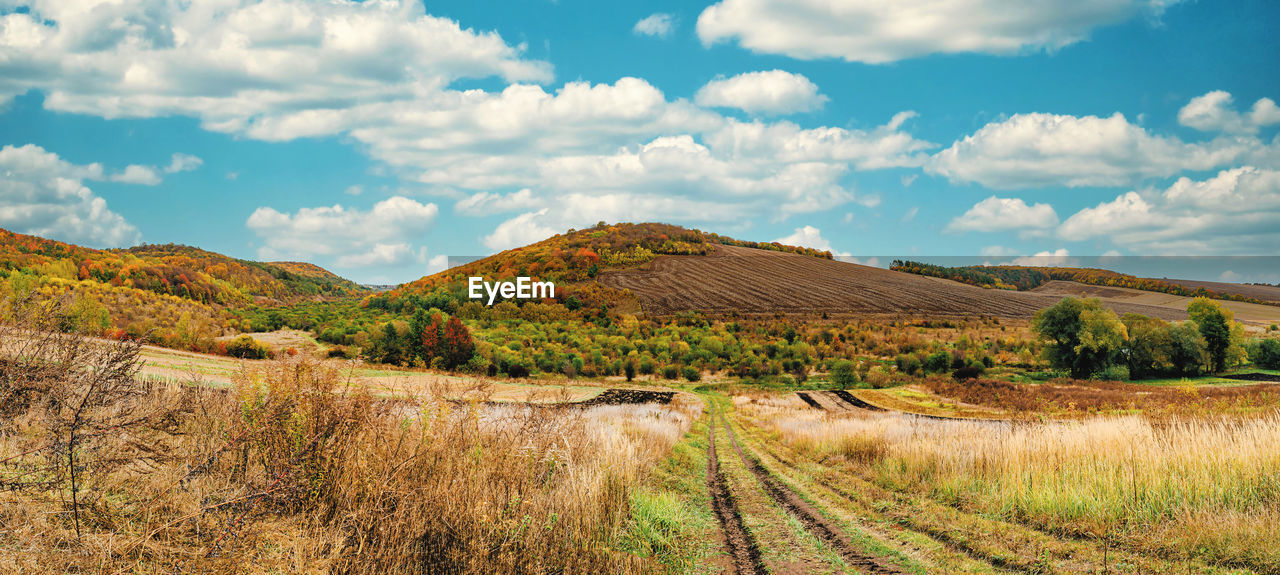 Picturesque photo of early autumn in field. road, plowed land, colorful bushes on hills.