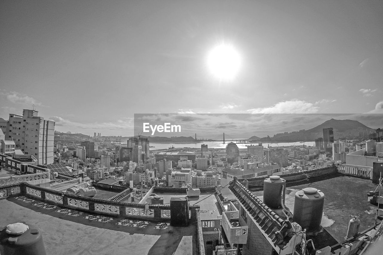 Fish eye lens view of buildings in city