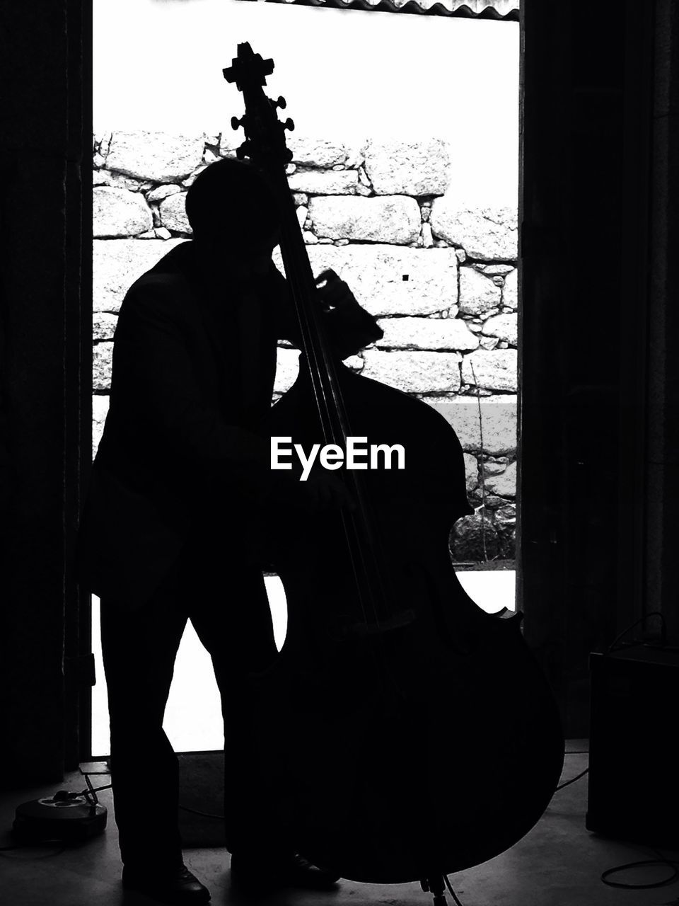 Silhouette musician playing double bass