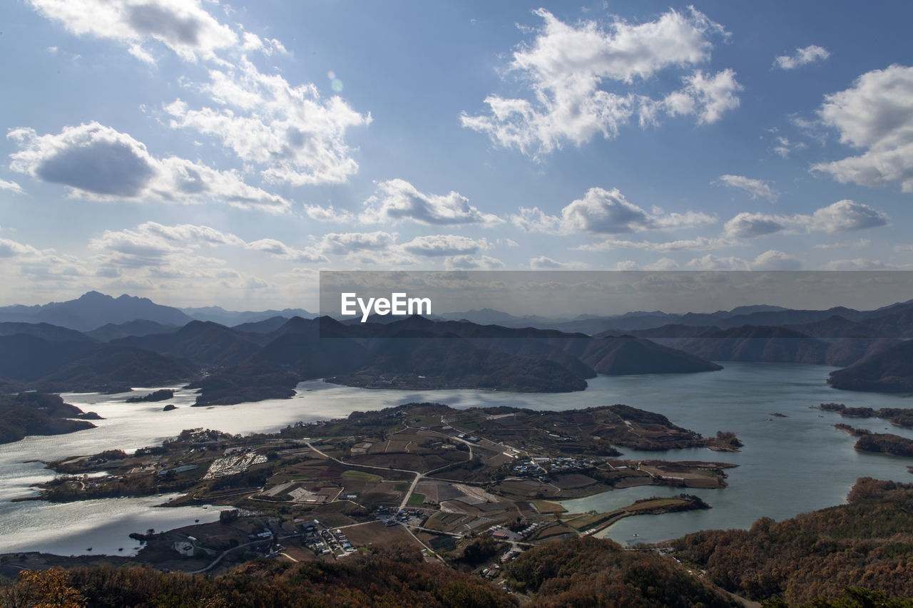 Scenic view of lake and mountains against sky