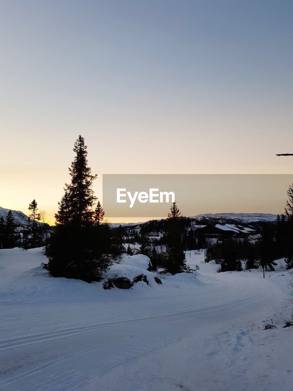 Scenic view of snow covered field against sky during sunset