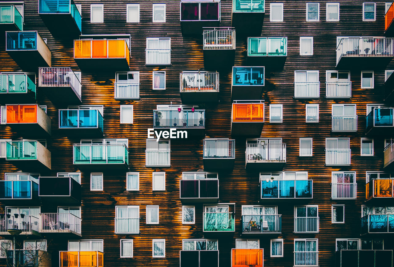 Full frame shot of colorful balconies
