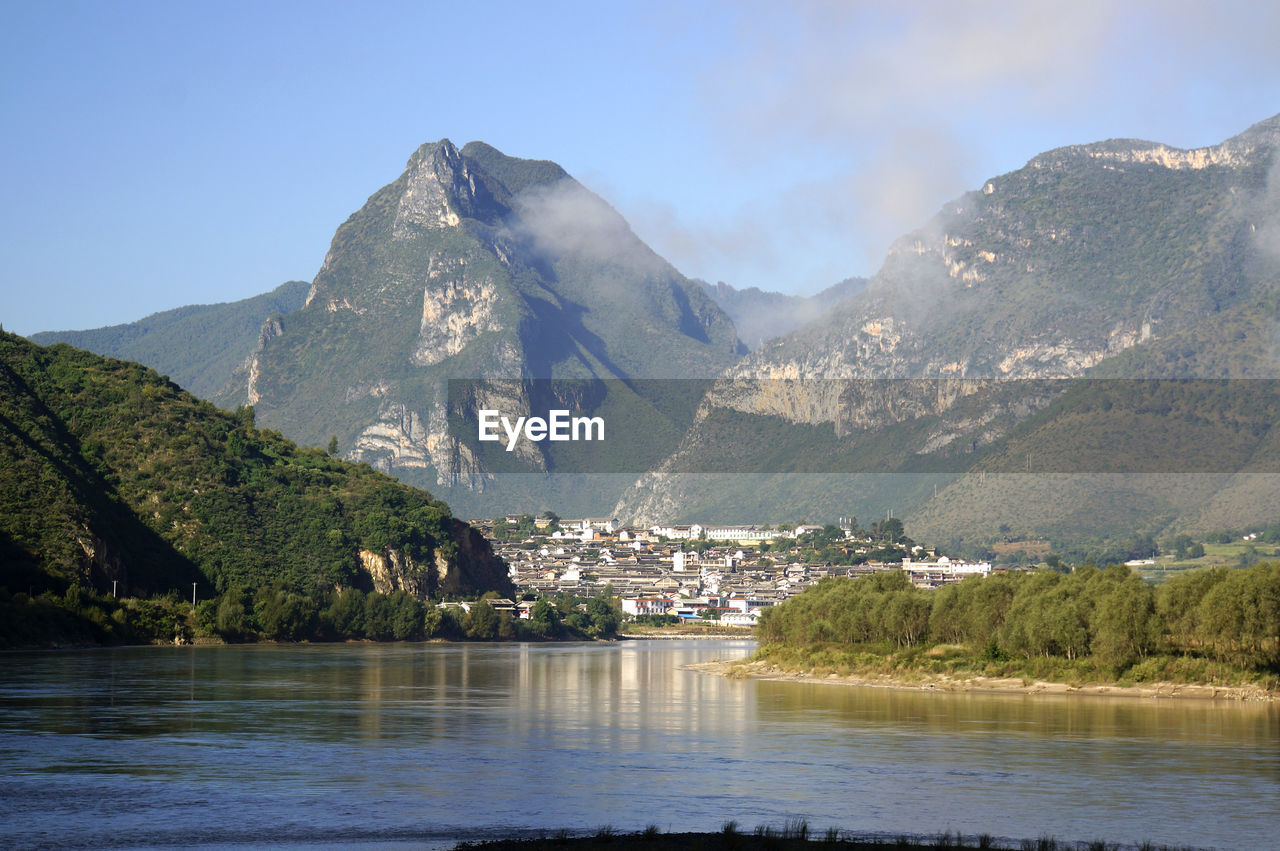 Scenic view of lake and mountains against sky