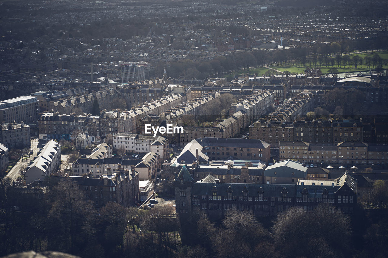 High angle view of city buildings