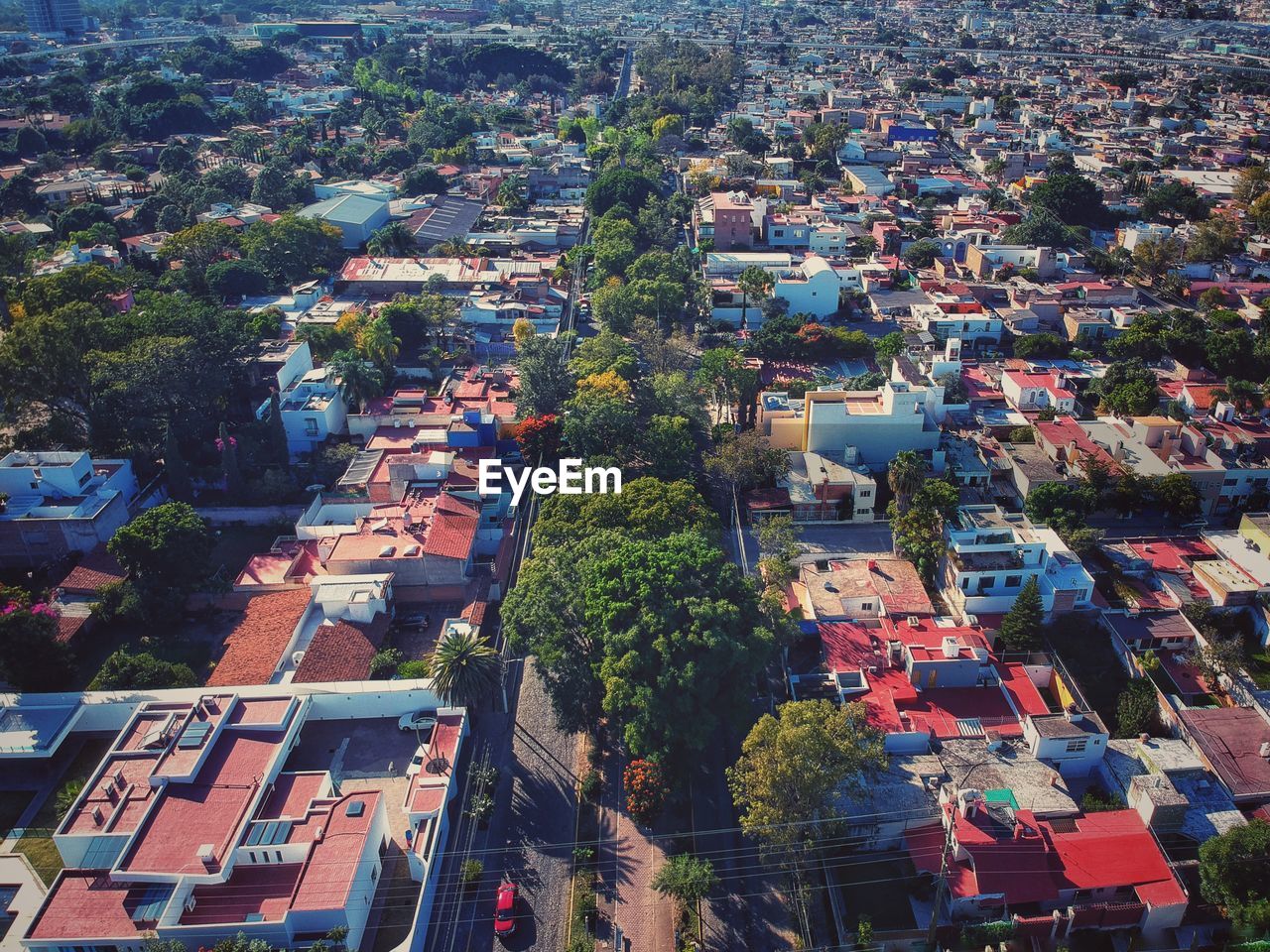 High angle view of buildings in city