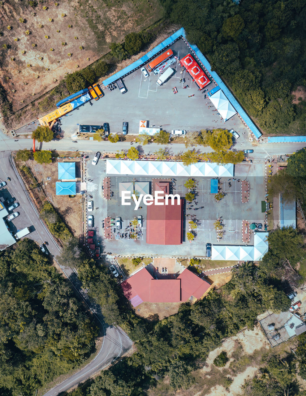 National park kuala tahan village parking space high angle view. drone aerial photo.