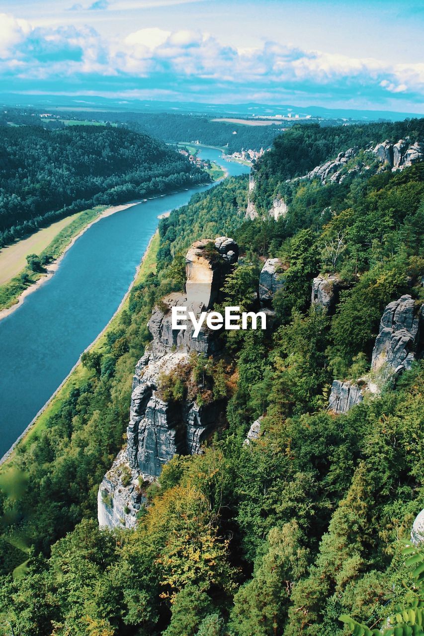 High angle view of trees and landscape against sky