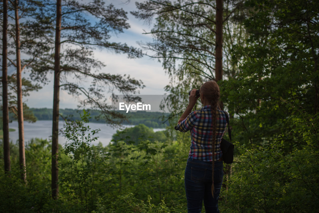 Rear view of person standing by trees in forest