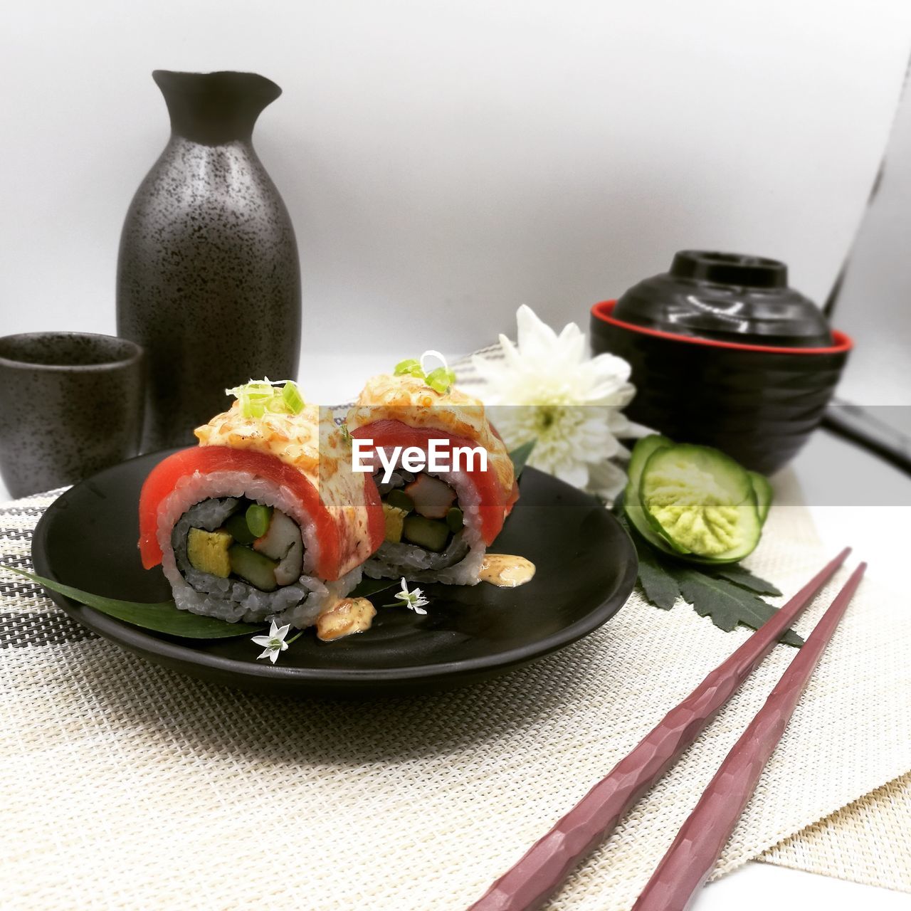 Close-up of sushi served in plate on table