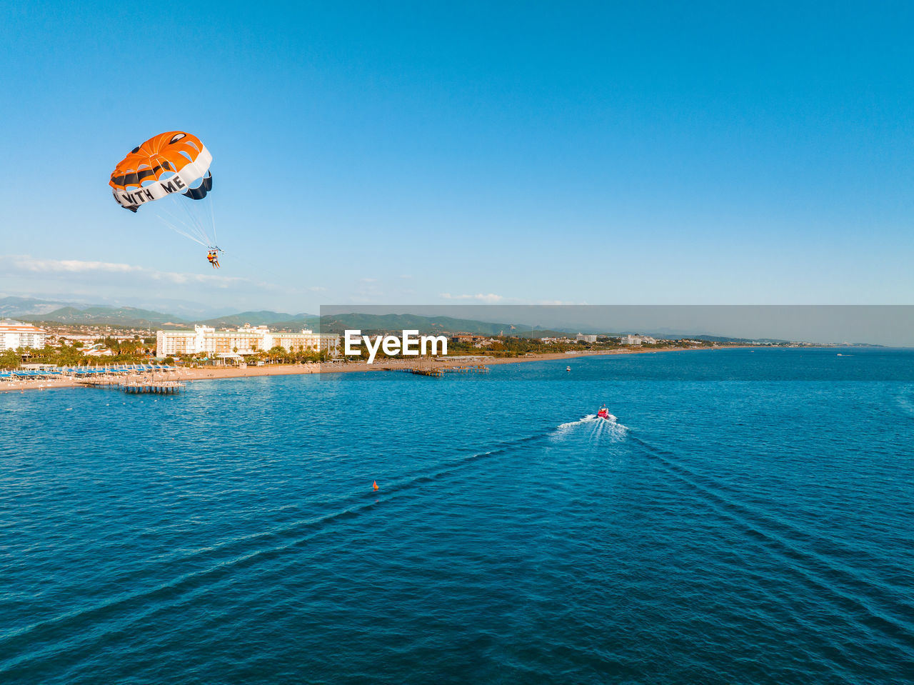 Aerial panoramic view of parasailing in turkey.